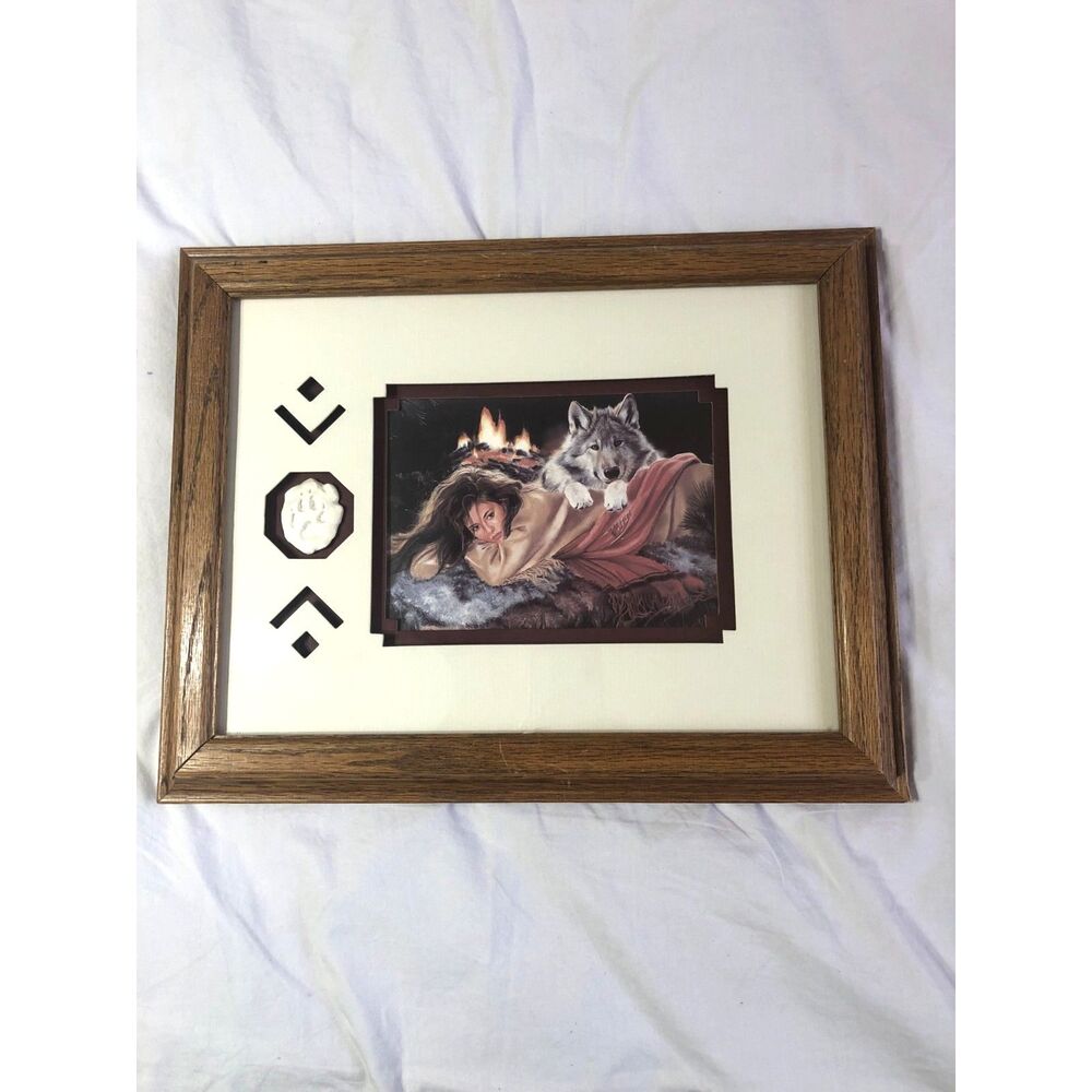 Vtg 90s Maija Night Watch Framed Art Print Signed Matted Southwestern Wolf Decor
